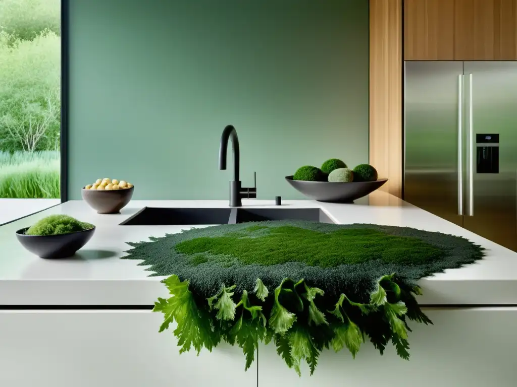 Decoración sostenible en moderna cocina blanca con algas verdes, evocando armonía y beneficios de usar algas en hogar sostenible