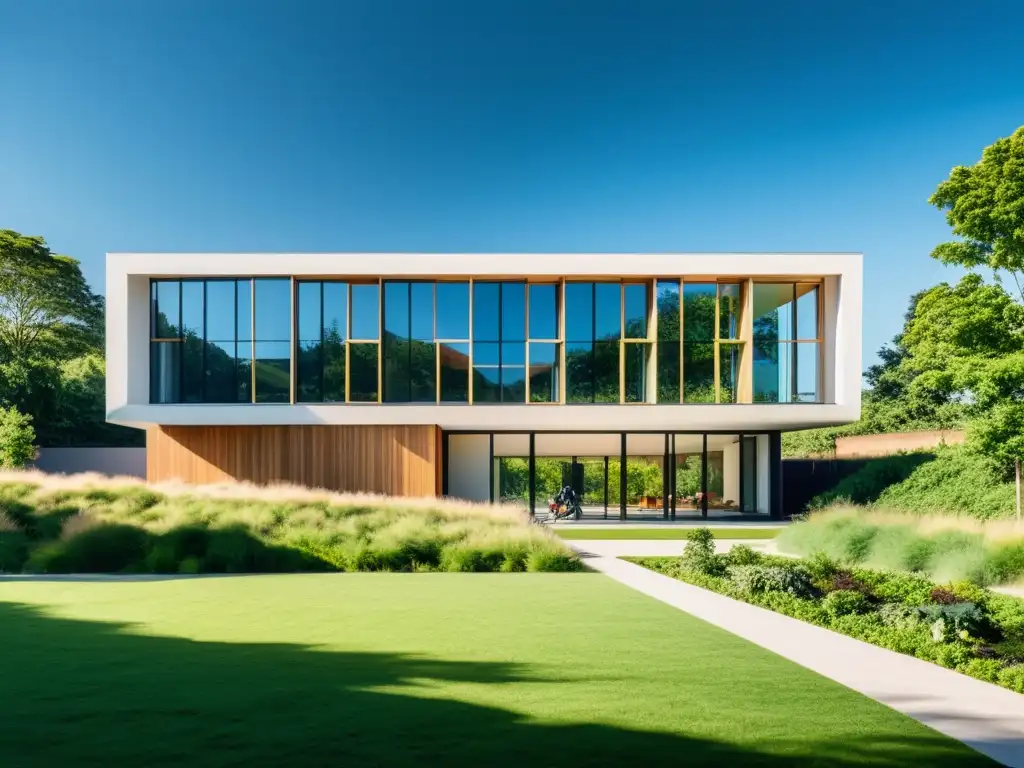 Construcción sostenible: moderno edificio rodeado de naturaleza, paneles solares, personas caminando y montañas al fondo