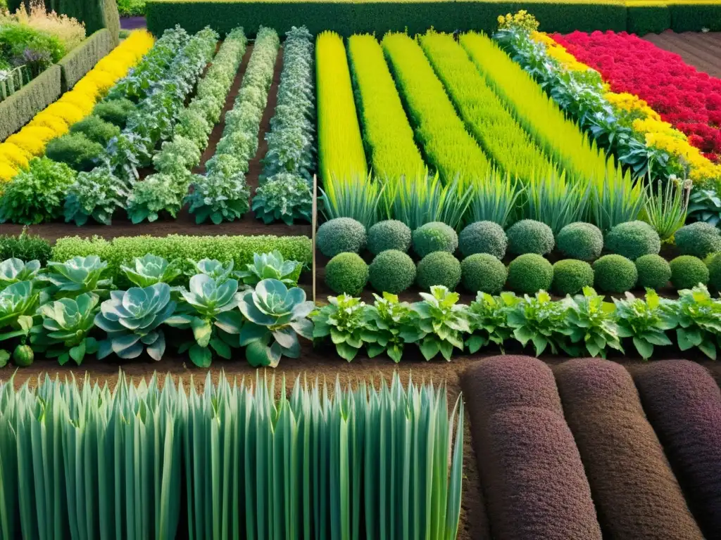 Un jardín sostenible con plan rotación cultivos, rebosante de vida y colores en armonía, inspirando paz y abundancia