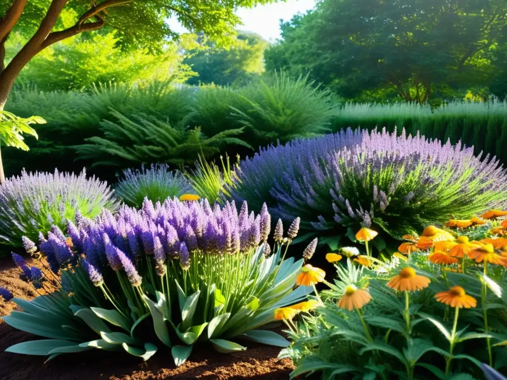 Un jardín sostenible rebosante de plantas medicinales vibrantes y diversas, como lavanda, manzanilla, equinácea y menta