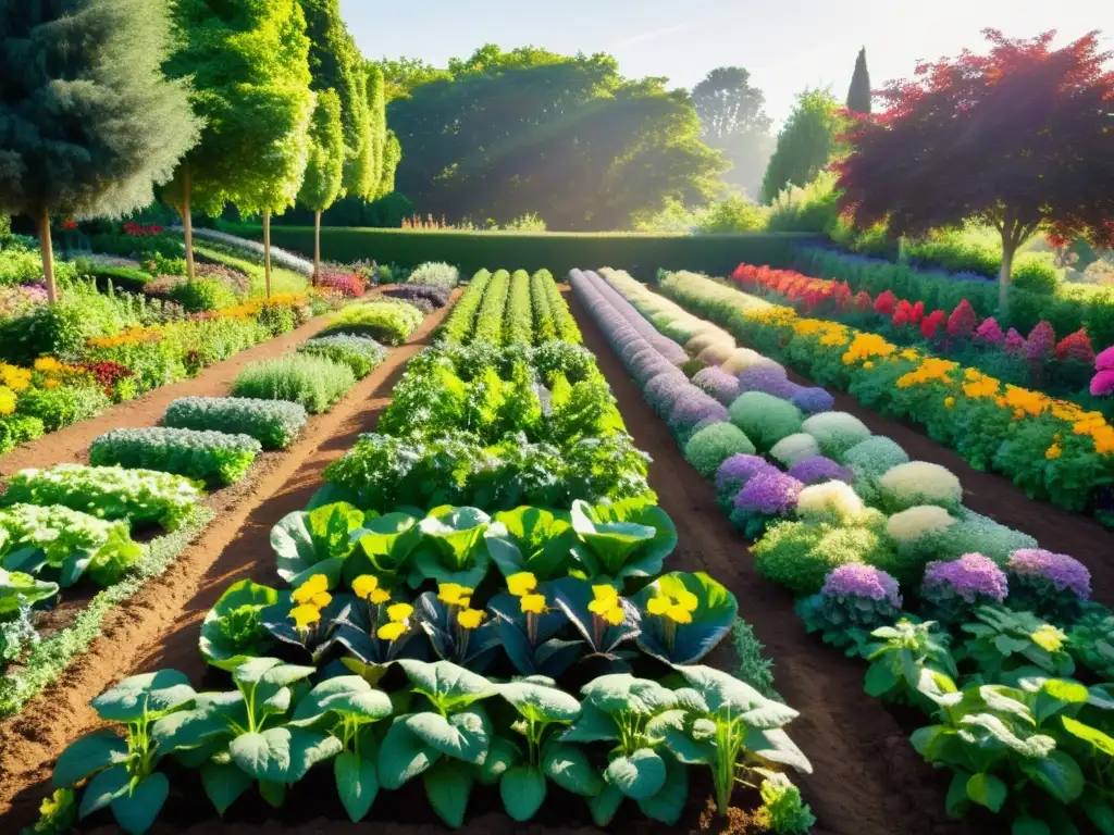 Un jardín sostenible rebosante de vida, con cultivos variados y coloridas flores en un patrón geométrico