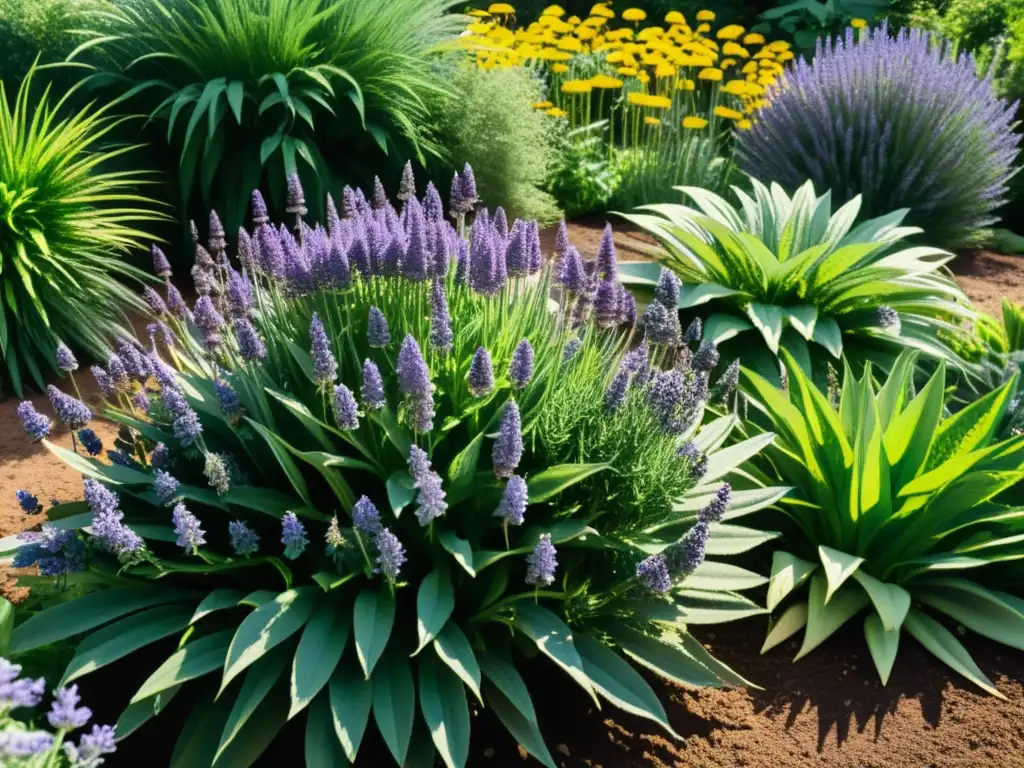 Un jardín sostenible rebosante de vida, con plantas medicinales como lavanda, manzanilla, equinácea y sábila