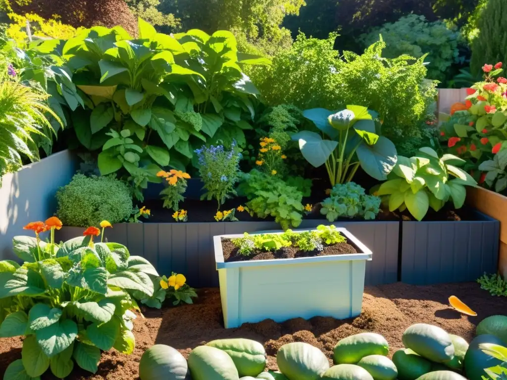 Un jardín sostenible repleto de frutas, vegetales y flores en un suelo rico