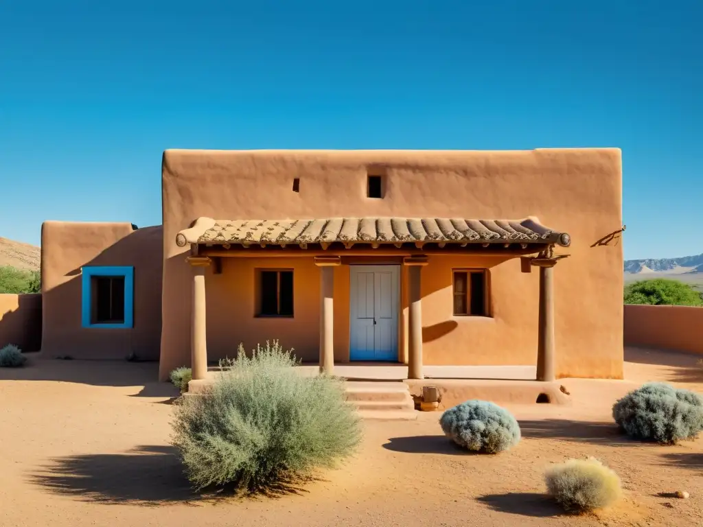 Construcción sostenible con tierra: Casa de adobe en armonía con la naturaleza, resaltando sus tonos cálidos y textura tradicional