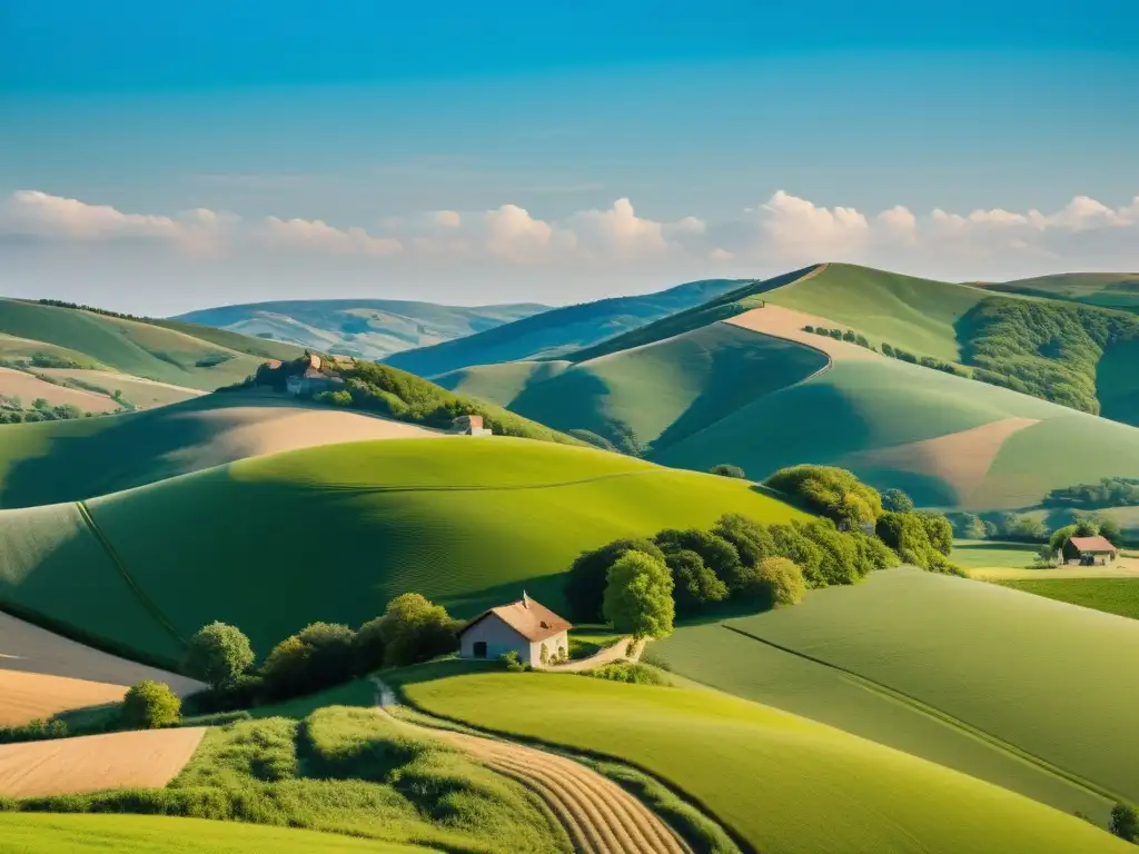 Suave paisaje rural europeo con colinas, cielo azul y un pueblo distante