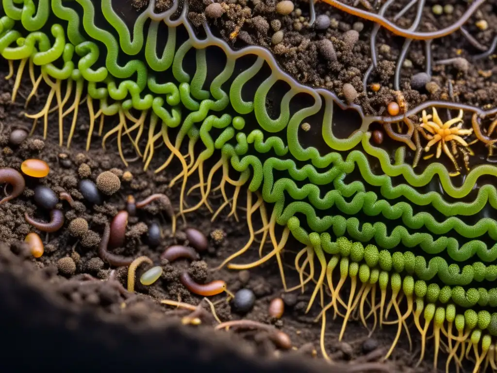 Fomentar biodiversidad suelos vivos: Detalle de suelo fértil, oscuro y húmedo, teeming con vida: lombrices, bacterias, hongos y raíces entrelazadas