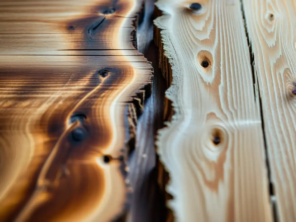 Una fotografía de alta resolución de una tabla de madera rica en textura, con patrones de vetas intrincados y tonos cálidos