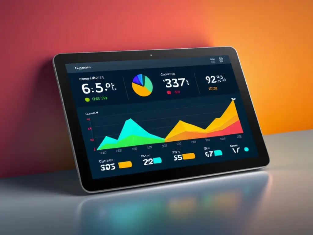 Tableta muestra herramientas monitorización energética consumo con gráficos coloridos y fáciles de leer, reflejando eficiencia y precisión