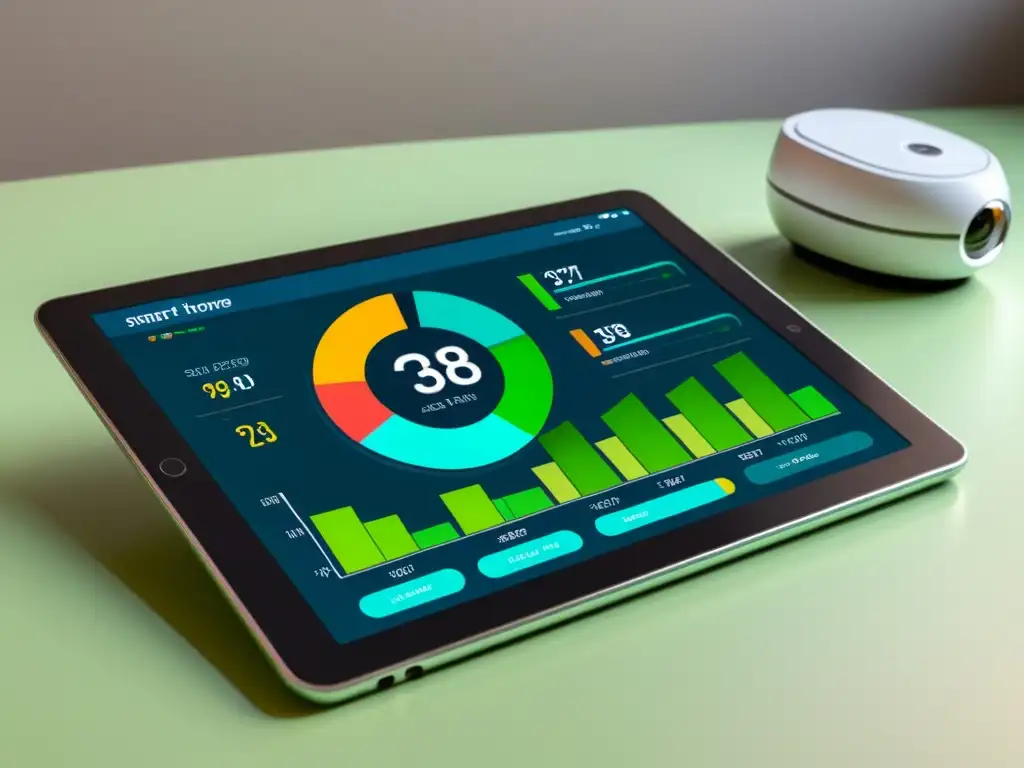 Tableta con herramientas de monitorización energética mostrando gráficos coloridos y datos fáciles de leer, evocando eficiencia y control