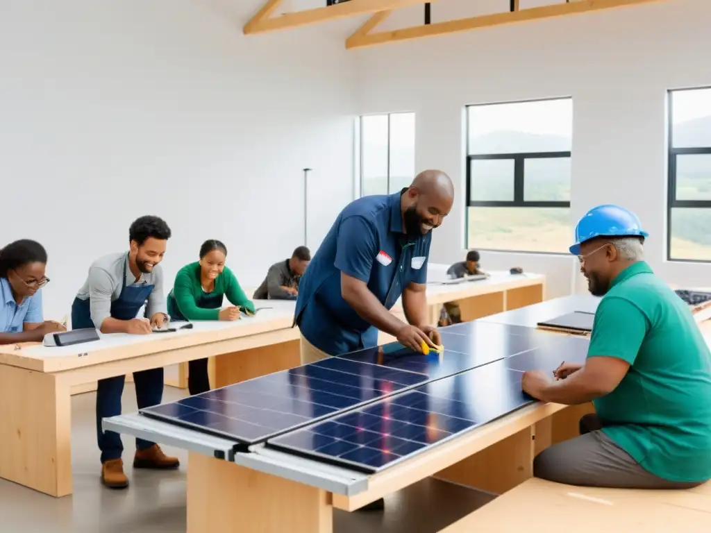 Un taller práctico de energías renovables en un espacio luminoso y amplio, con participantes colaborando y aprendiendo juntos