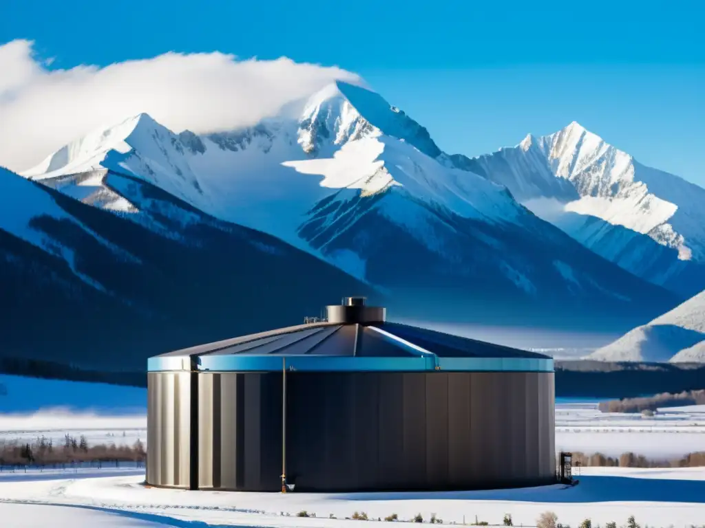 Un tanque de almacenamiento térmico cilíndrico, negro mate, contrasta con la imponente cordillera nevada al atardecer