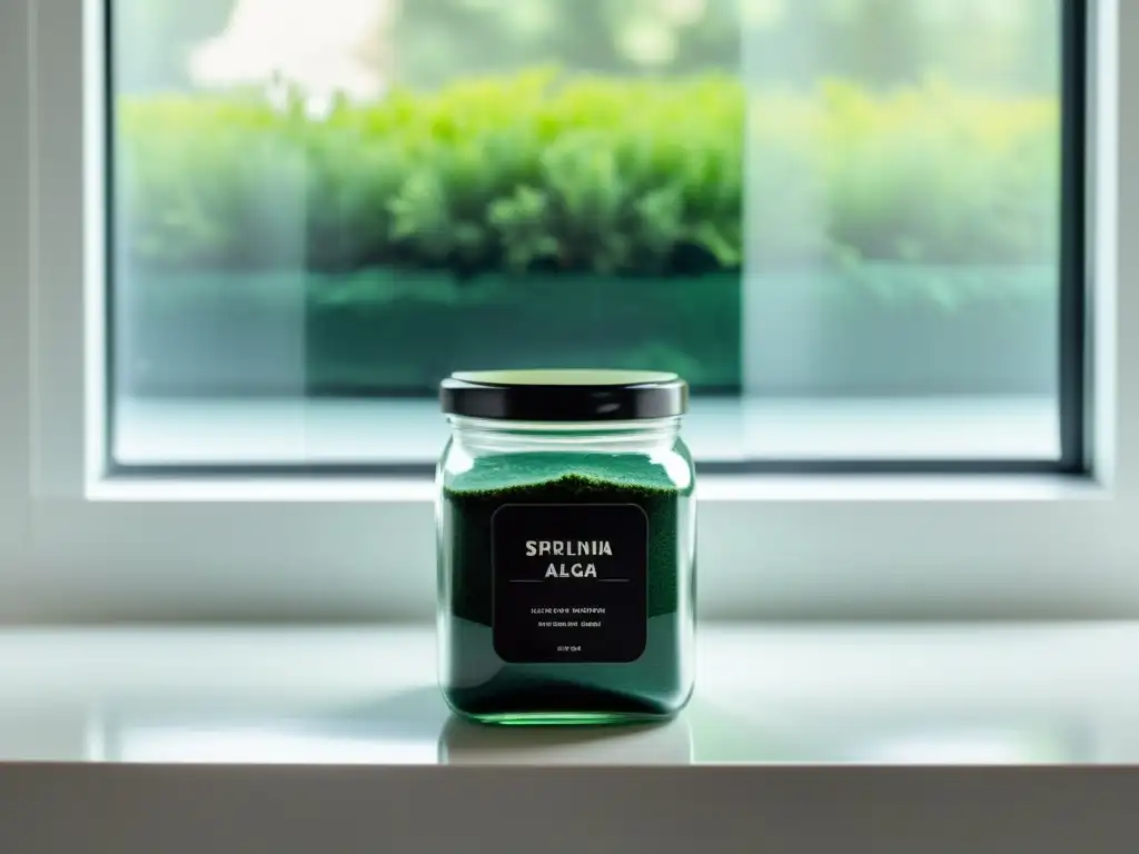 Tarro de vidrio con polvo de algas espirulina, iluminado por luz natural en una cocina moderna