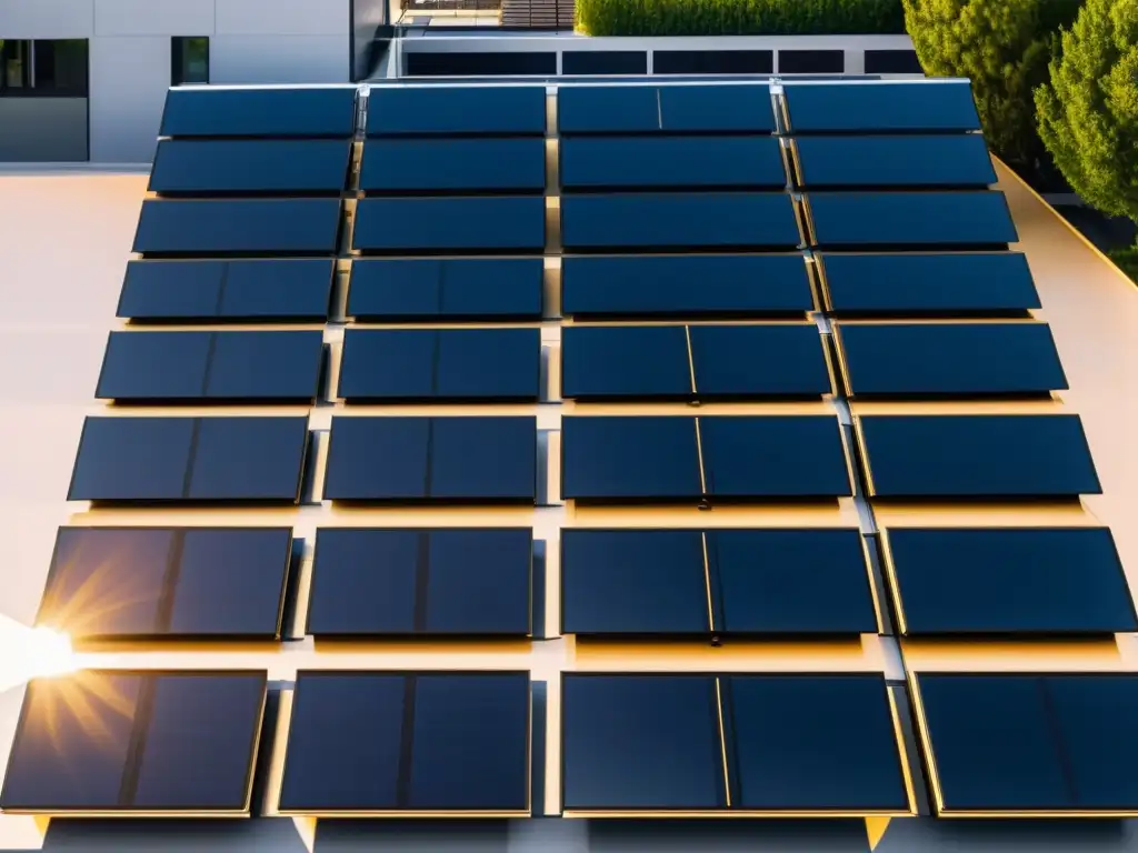 Un techo residencial cubierto de elegantes paneles solares negros, bañados por una cálida luz dorada