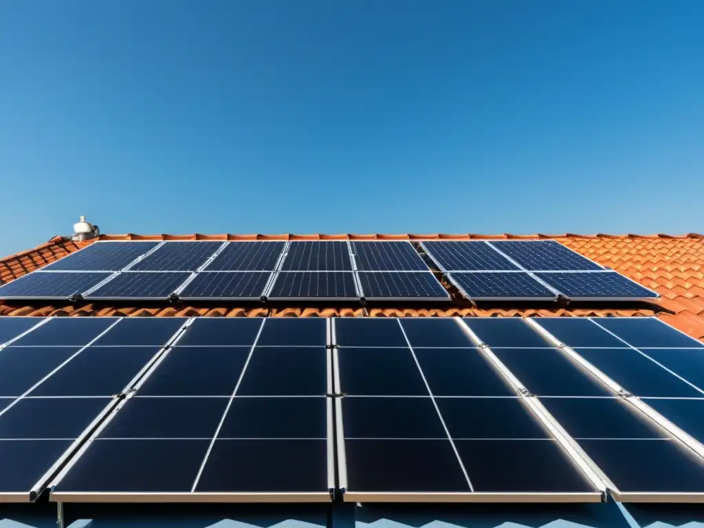 Un techo residencial cubierto de paneles solares oscuros, limpios y bien mantenidos, creando un contraste visual impactante con el cielo azul claro