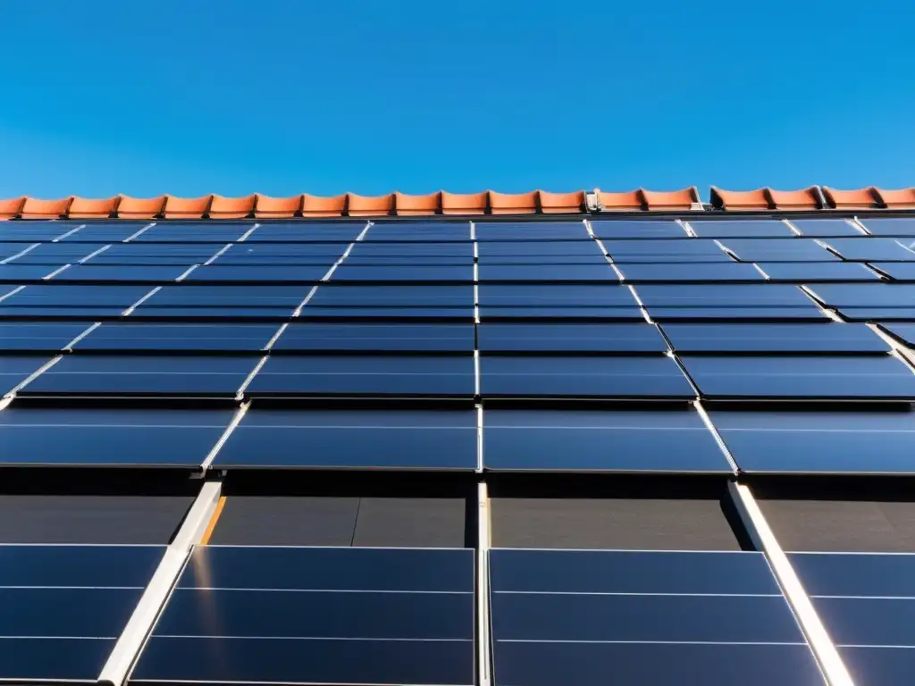 Un techo residencial con elegantes paneles solares negros, alineados ordenadamente bajo un cielo azul claro