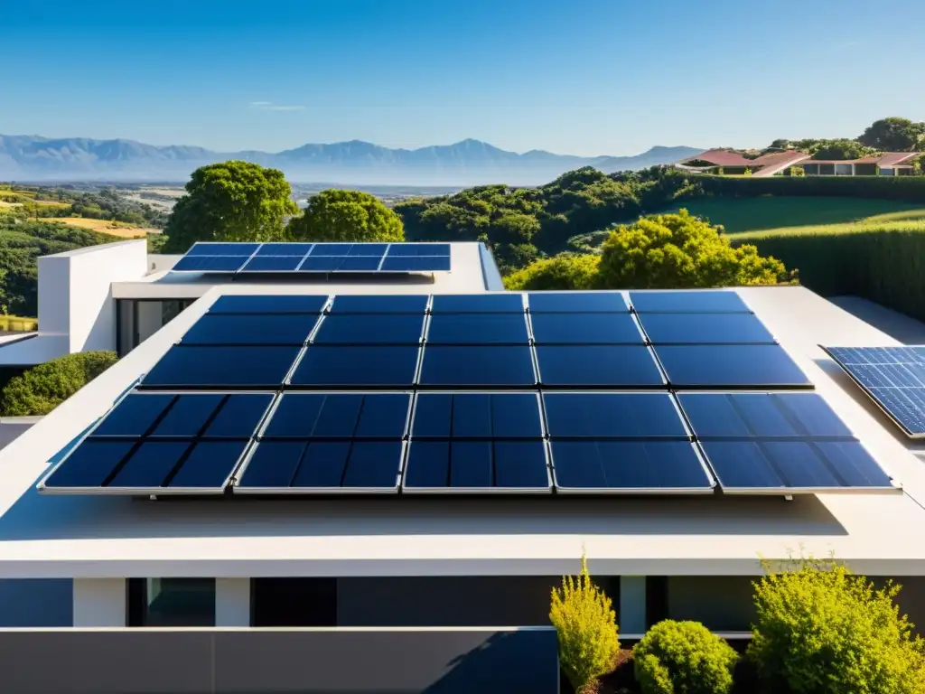 Un techo residencial moderno cubierto de paneles solares en un patrón visualmente impactante, con créditos fiscales energía solar