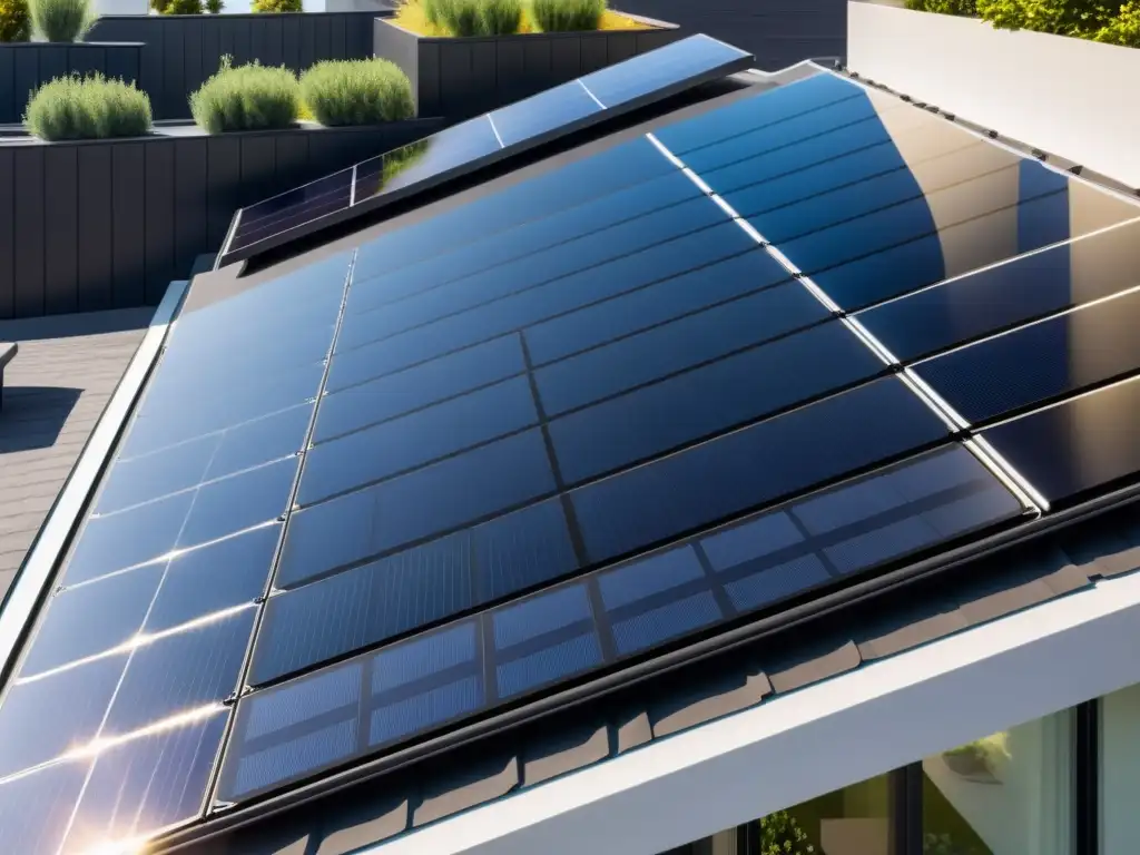 Un techo residencial moderno con paneles solares negros integrados, capturando la esencia de la energía renovable y la sostenibilidad