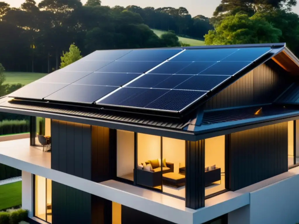 Un techo solar fotovoltaico moderno y elegante integrado en una casa residencial, reflejando beneficios de instalar techos solares fotovoltaicos