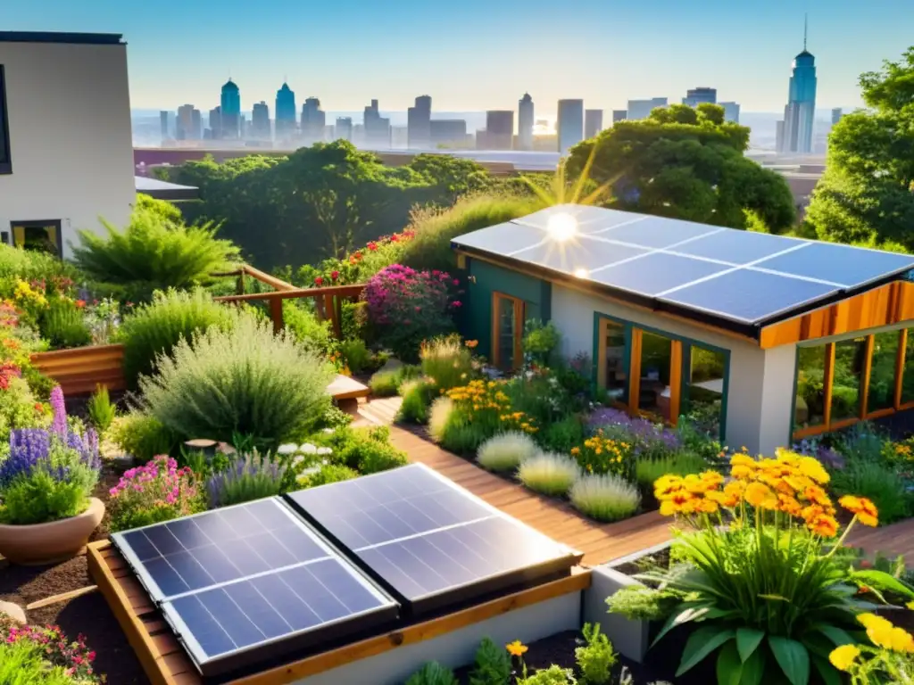 Jardín de techo verde con plantas nativas, paneles solares y vida silvestre urbana