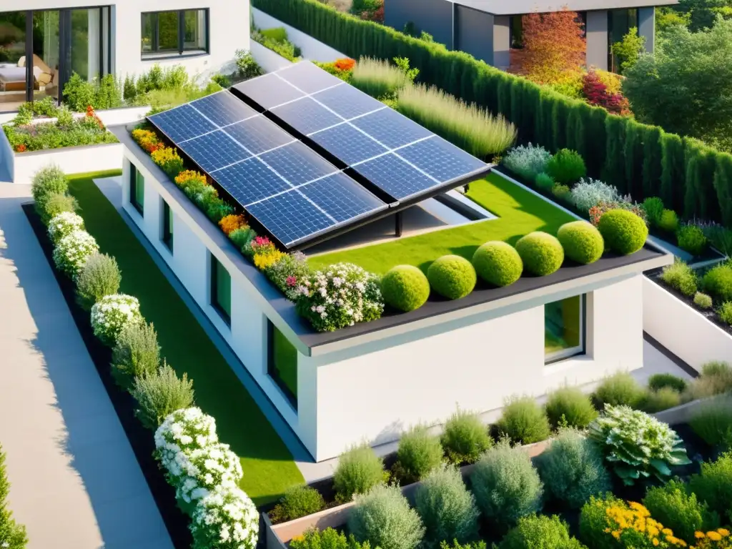 Un techo verde residencial moderno con jardín y paneles solares, resaltando los beneficios ambientales y energéticos