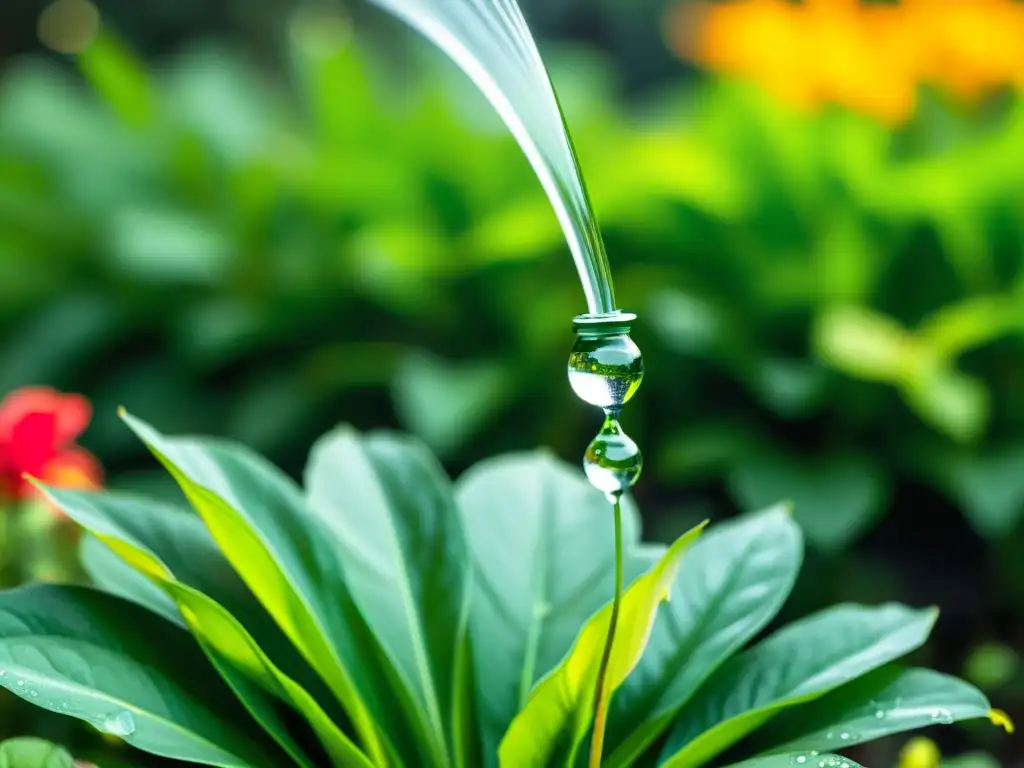 Técnicas de riego sostenible para jardín: Imagen de sistema de riego por goteo moderno en exuberante jardín, con gotas de agua sobre hojas verdes