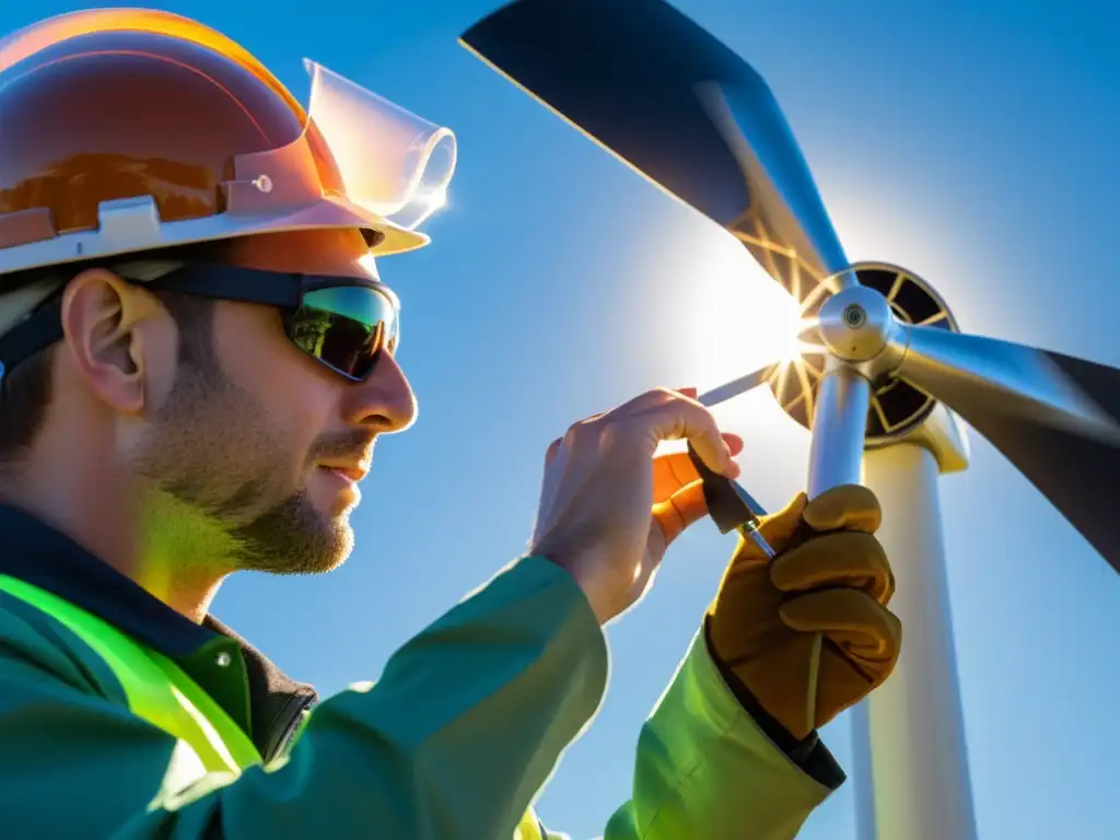 Un técnico inspecciona detenidamente las aspas de un pequeño aerogenerador con luz solar proyectando sombras detalladas