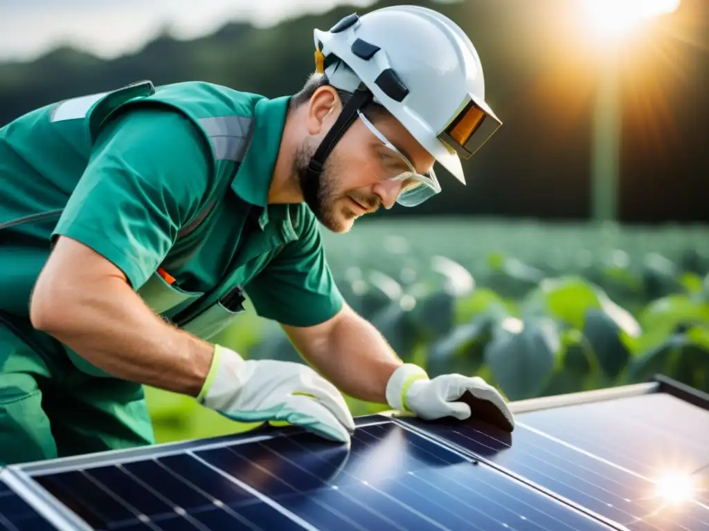 Un técnico desmonta con cuidado un panel solar, con luz suave que resalta su dedicación