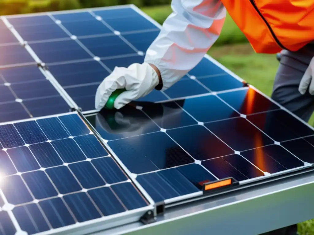 Un técnico desmonta con cuidado un panel solar, separando los componentes en contenedores de reciclaje