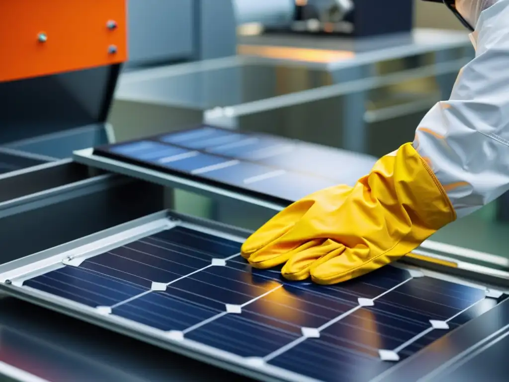 Un técnico desmonta con cuidado un panel solar en una moderna planta de reciclaje, mostrando el proceso de reciclaje paneles solares sostenible