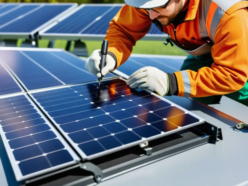 Un técnico desmonta con cuidado un panel solar, resaltando la meticulosidad del reciclaje paneles solares sostenible