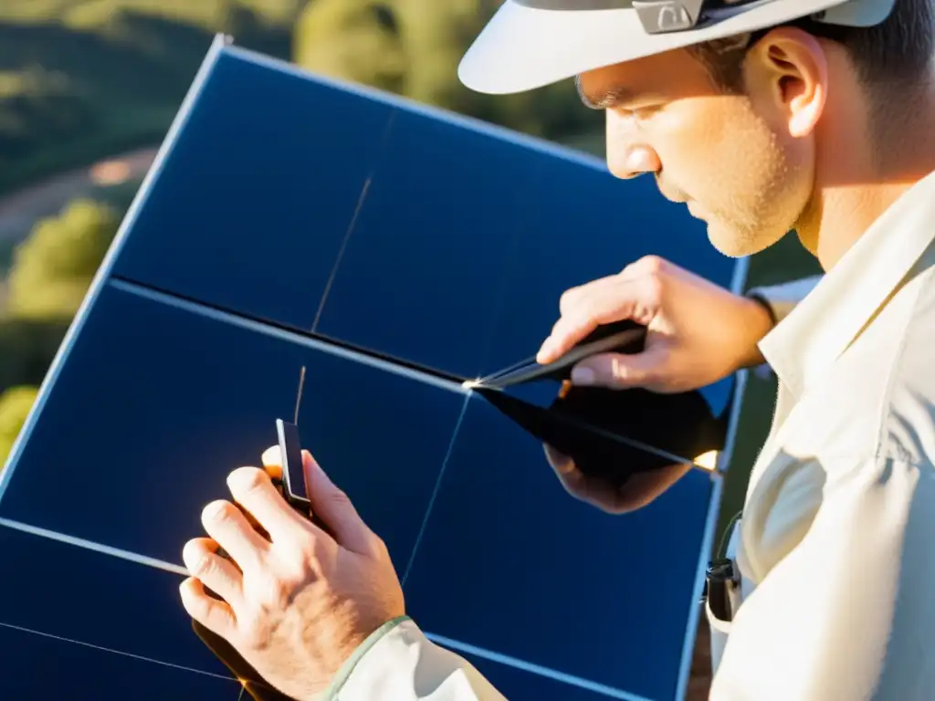 Un técnico desmonta con cuidado un panel solar usado en un paisaje natural