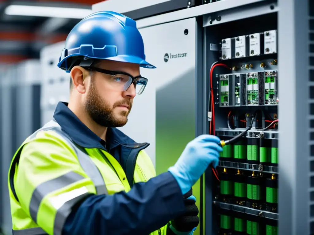 Un técnico inspecciona con cuidado un sistema híbrido de almacenamiento energético, resaltando su precisión y expertise