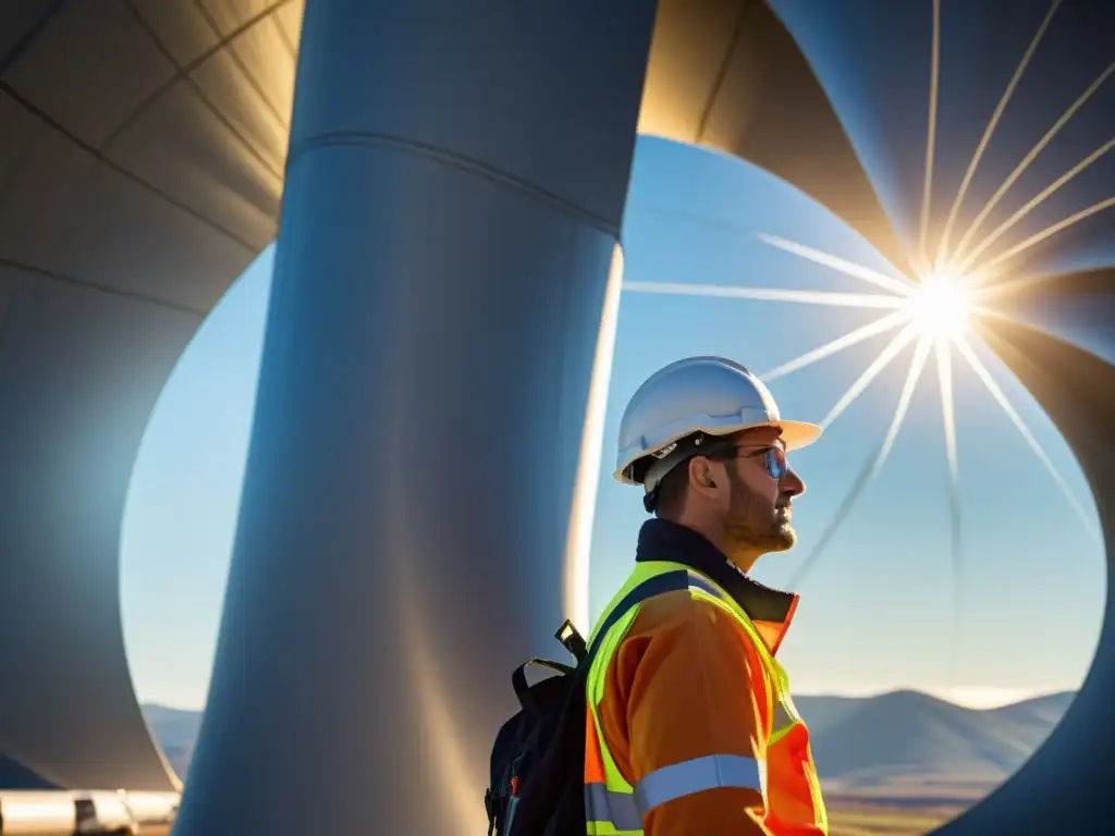 Un técnico en equipo de protección inspecciona detalladamente los componentes internos de una enorme turbina eólica, resaltando la precisión y expertise necesarios para el mantenimiento de estas impresionantes estructuras