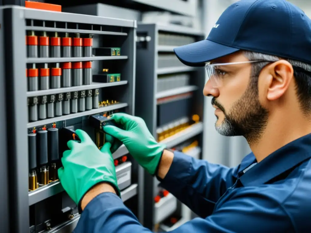 Un técnico inspecciona detalladamente una gran batería, resaltando la importancia de la mantenimiento preventivo para maximizar su vida útil