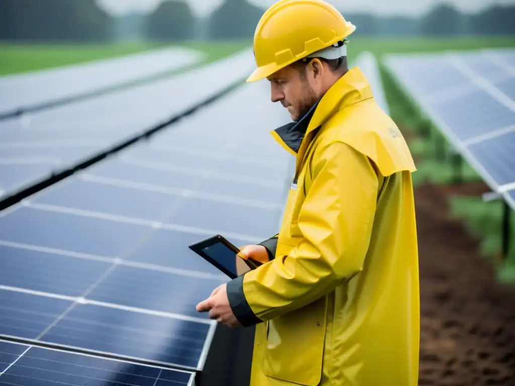 Un técnico en impermeable amarillo inspecciona paneles solares bajo la lluvia, garantizando el mantenimiento paneles solares mal tiempo