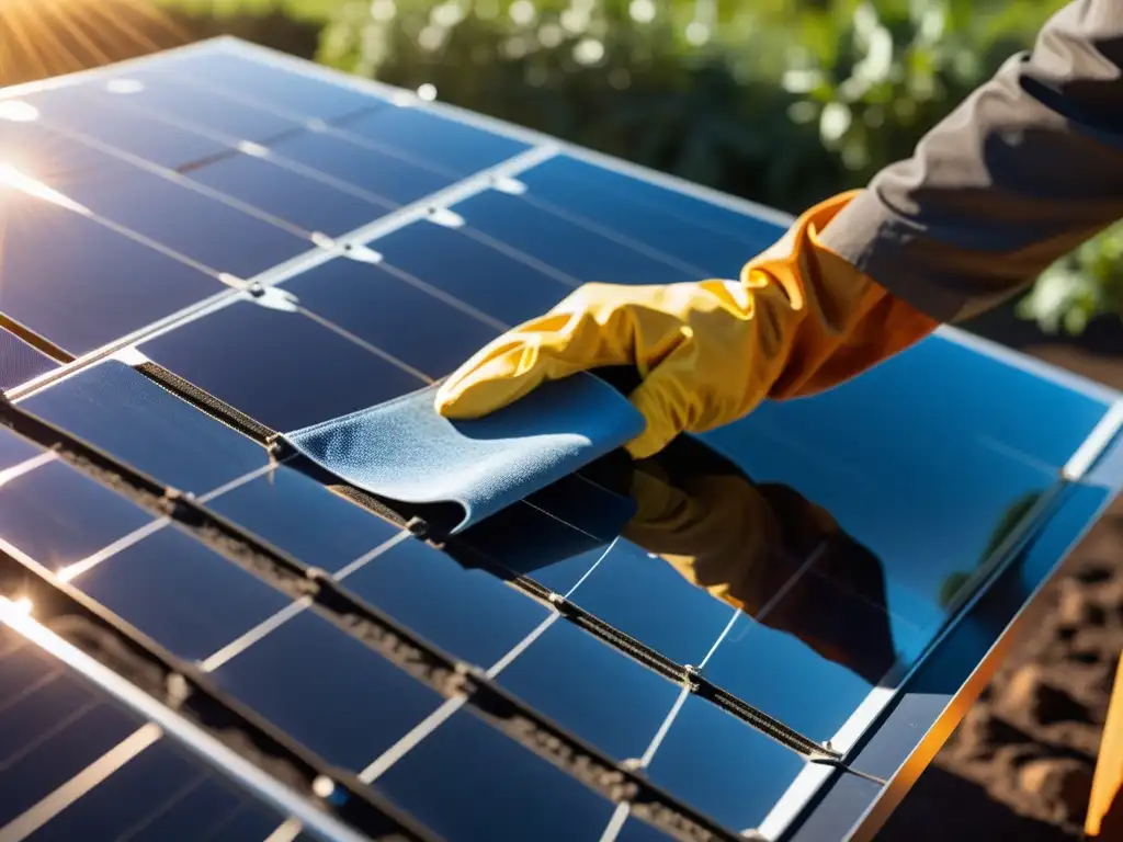 Un técnico limpia minuciosamente un panel solar, revelando la importancia del mantenimiento