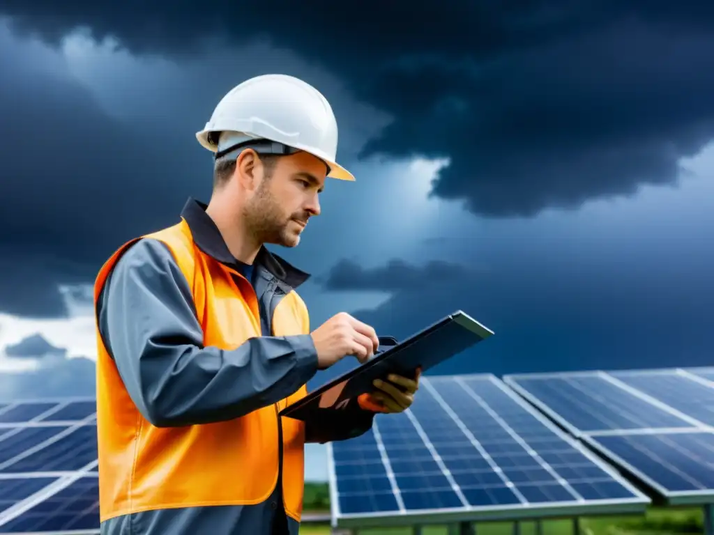 Un técnico inspecciona paneles solares tras el mal tiempo, mostrando profesionalismo y dedicación en el mantenimiento paneles solares mal tiempo