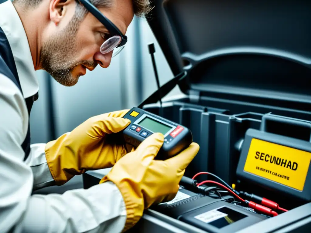 Un técnico inspecciona con precisión una batería usada, resaltando los riesgos y beneficios de las baterías de segunda mano