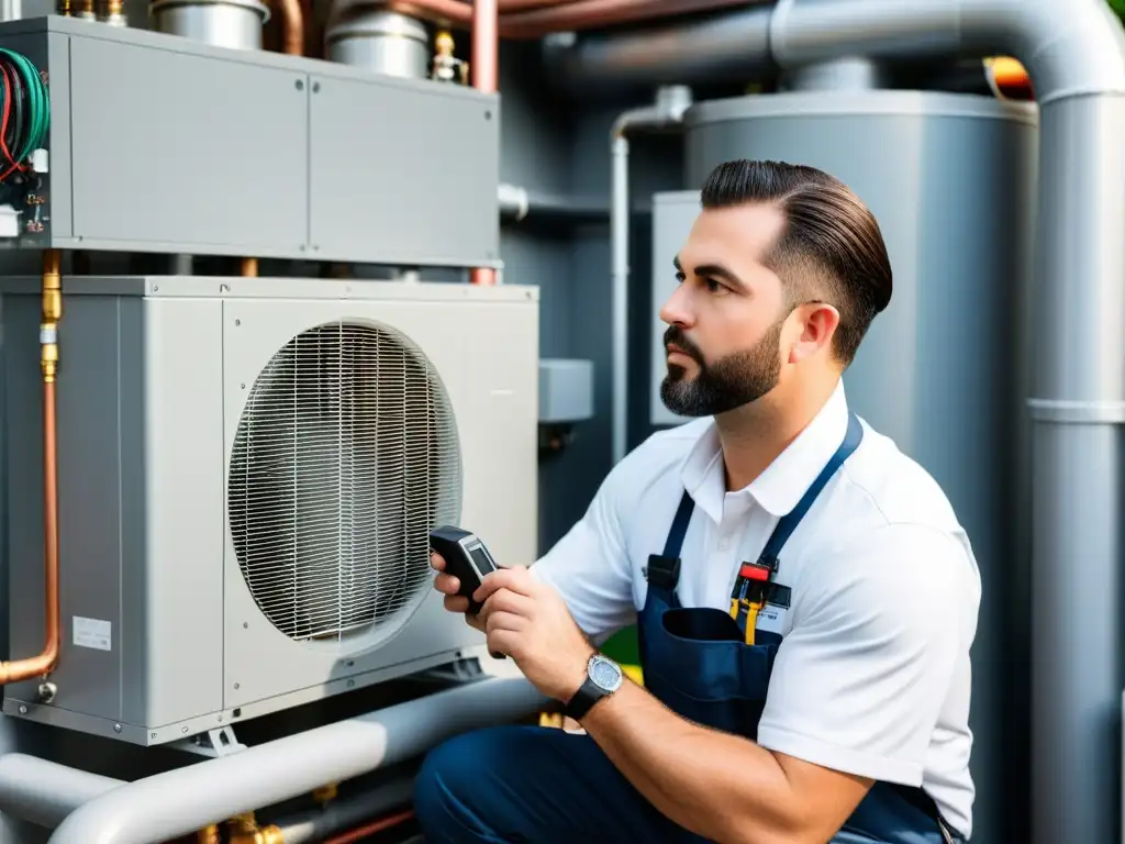 Un técnico de HVAC instala con precisión una moderna bomba de calor