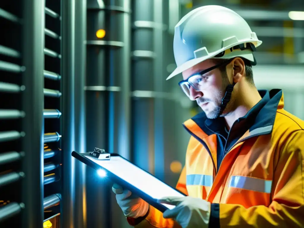 Un técnico inspecciona con precisión un sistema de bioenergía, iluminando sus intrincados componentes con una linterna