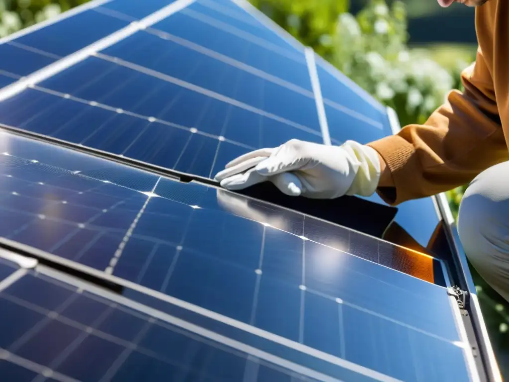 Un técnico profesional cuidadosamente limpia un panel solar, mostrando la importancia de incorporar paneles solares en casa