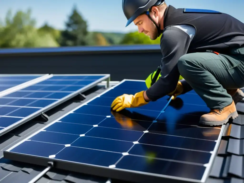 Un técnico profesional incorpora paneles solares en una casa moderna, transmitiendo precisión y experticia en la instalación ecológica