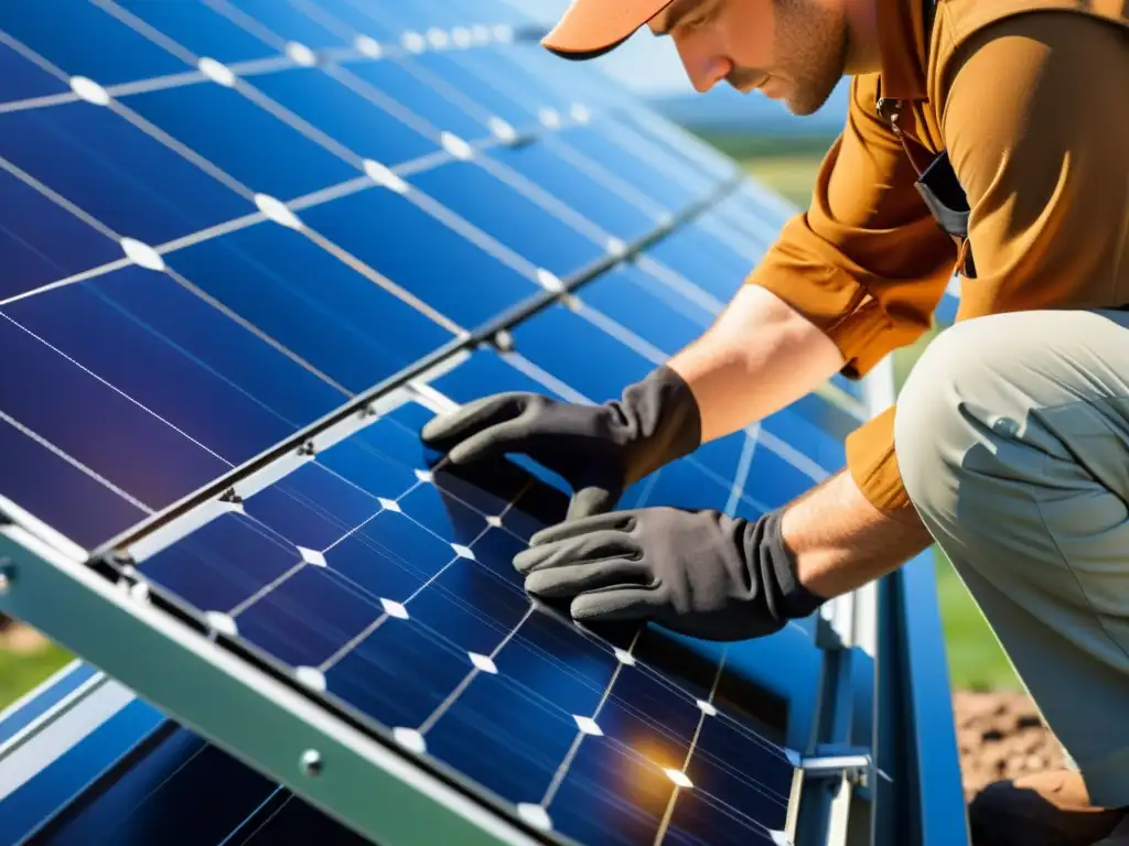 Un técnico inspecciona minuciosamente un sistema de montaje solar, resaltando la precisión y durabilidad