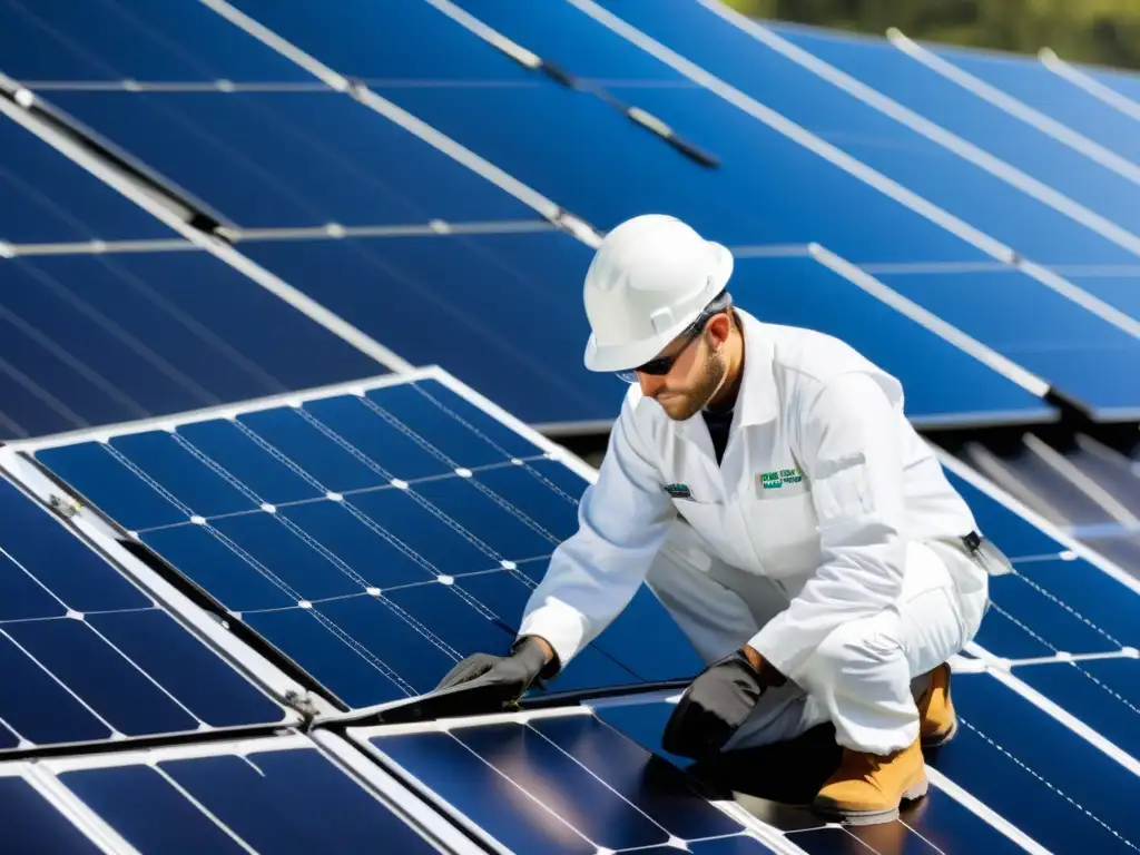 Un técnico en uniforme blanco inspecciona con precisión una instalación de paneles solares en espacios reducidos, mostrando dedicación y eficiencia