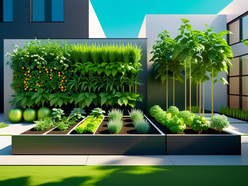 Tecnología huertos urbanos sostenibles: Ilustración minimalista de un jardín urbano moderno, vibrante y sofisticado, con tecnología integrada