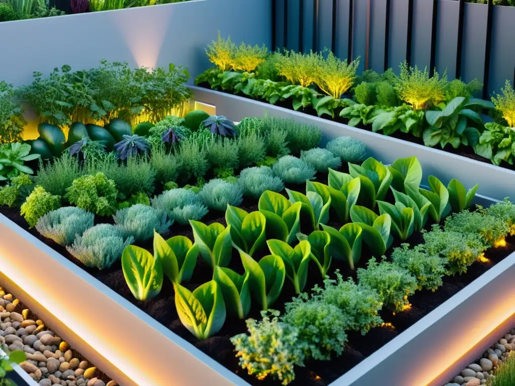 Tecnología huertos urbanos sostenibles: Jardín urbano moderno con vegetales y hierbas vibrantes en camas elevadas geométricas