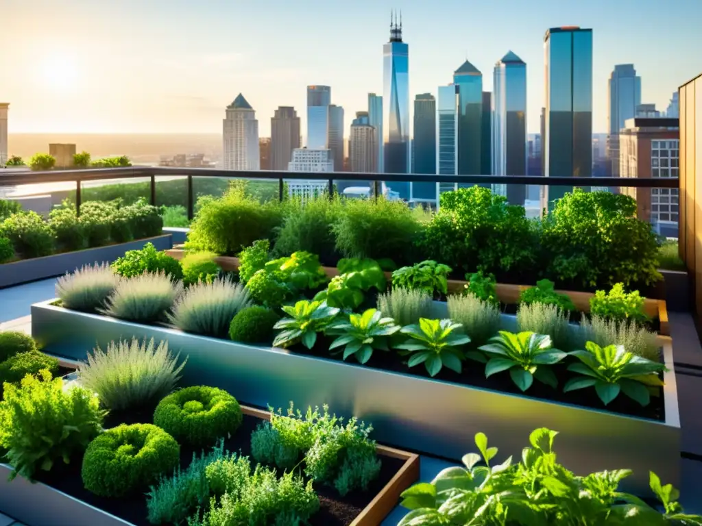 Tecnología huertos urbanos sostenibles: Jardín de azotea moderno con plantas vibrantes y luz dorada entre rascacielos