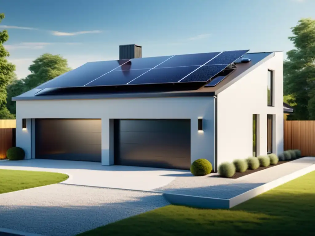 Tecnologías de baterías domésticas sostenibles integradas en una casa contemporánea con paneles solares y sistema de almacenamiento en garaje