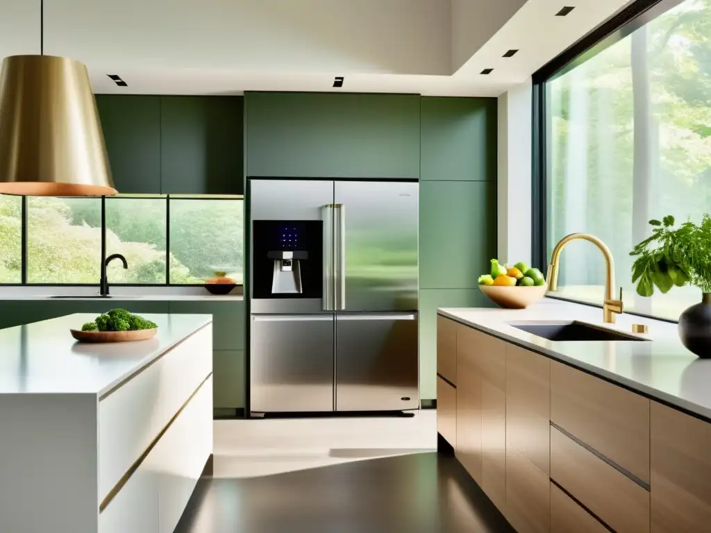 Tecnologías para cocinas inteligentes sostenibles: Cocina moderna con electrodomésticos ecoamigables y conexión interior-exterior