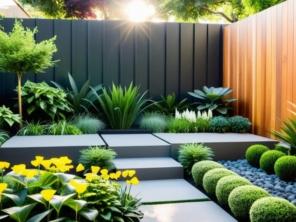 Tecnologías de riego inteligente para jardín urbano en acción, con plantas vibrantes y moderno diseño integrado